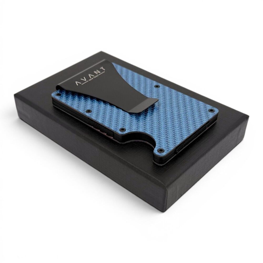NEW Avantwood Matte Carbon Fiber Blue Money Clip Wallet RFID Blocking